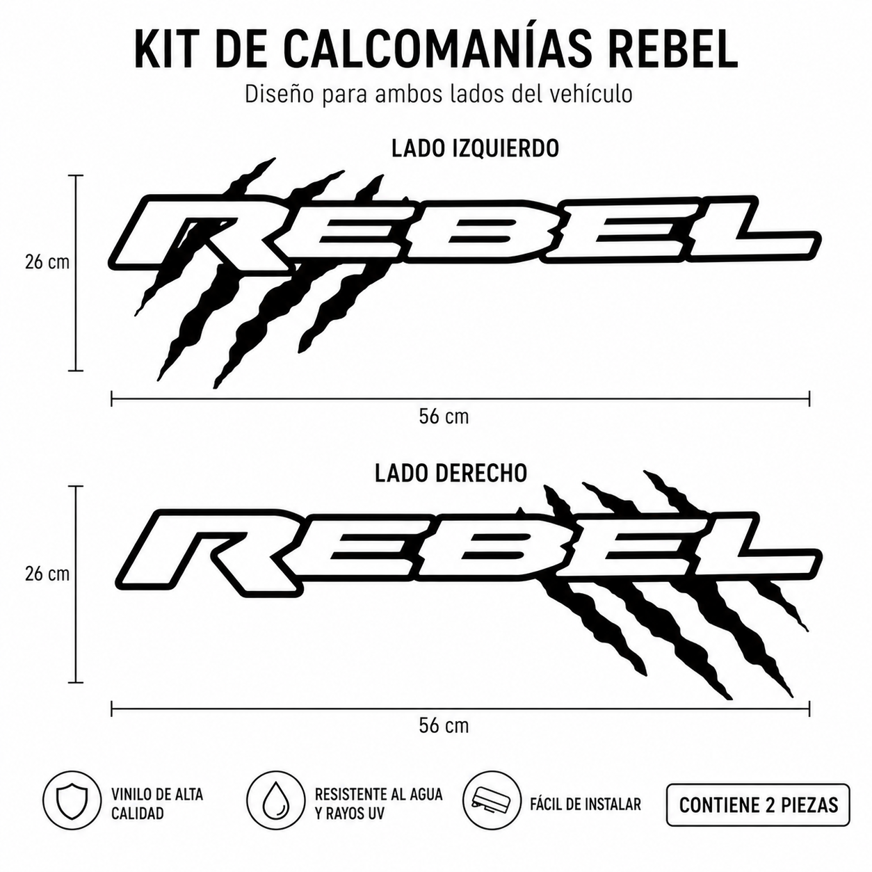 Kit Calcomanías REBEL con Garrazos 56x26 cm – 2 Piezas en Vinil