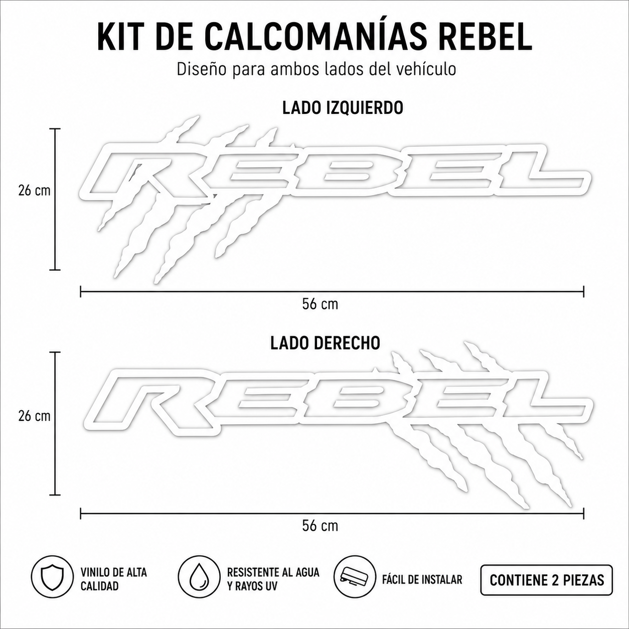Kit Calcomanías REBEL con Garrazos 56x26 cm – 2 Piezas en Vinil