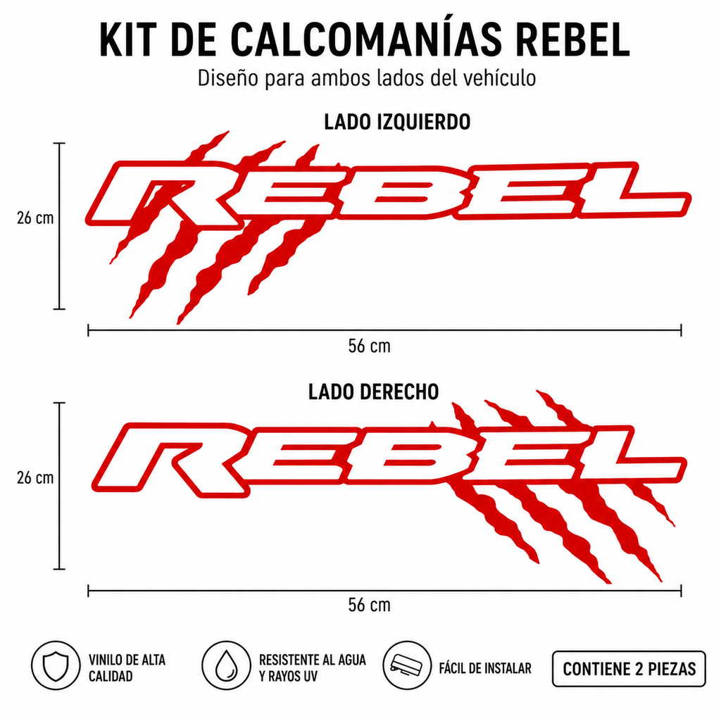 Kit Calcomanías REBEL con Garrazos 56x26 cm – 2 Piezas en Vinil