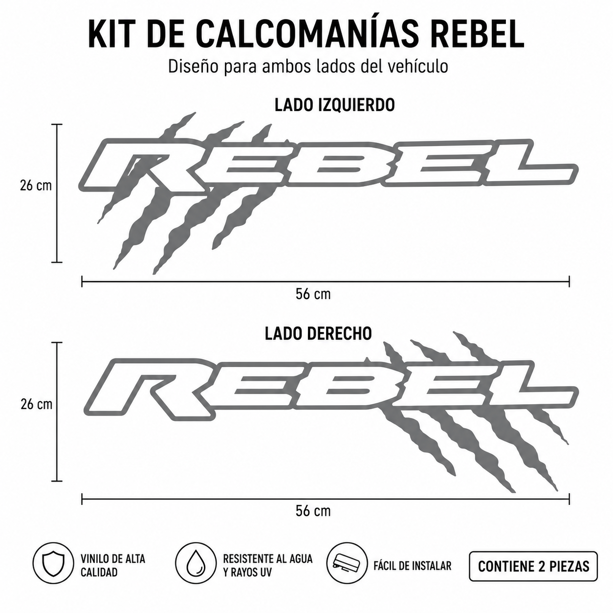 Kit Calcomanías REBEL con Garrazos 56x26 cm – 2 Piezas en Vinil