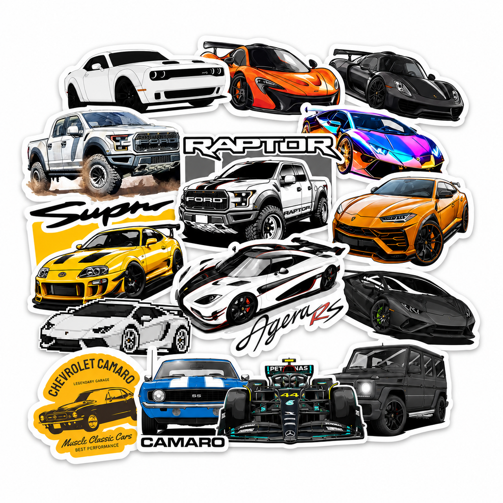 Pack 30 Stickers de Autos Deportivos, Clásicos y Todo Terreno – 5 cm aprox.