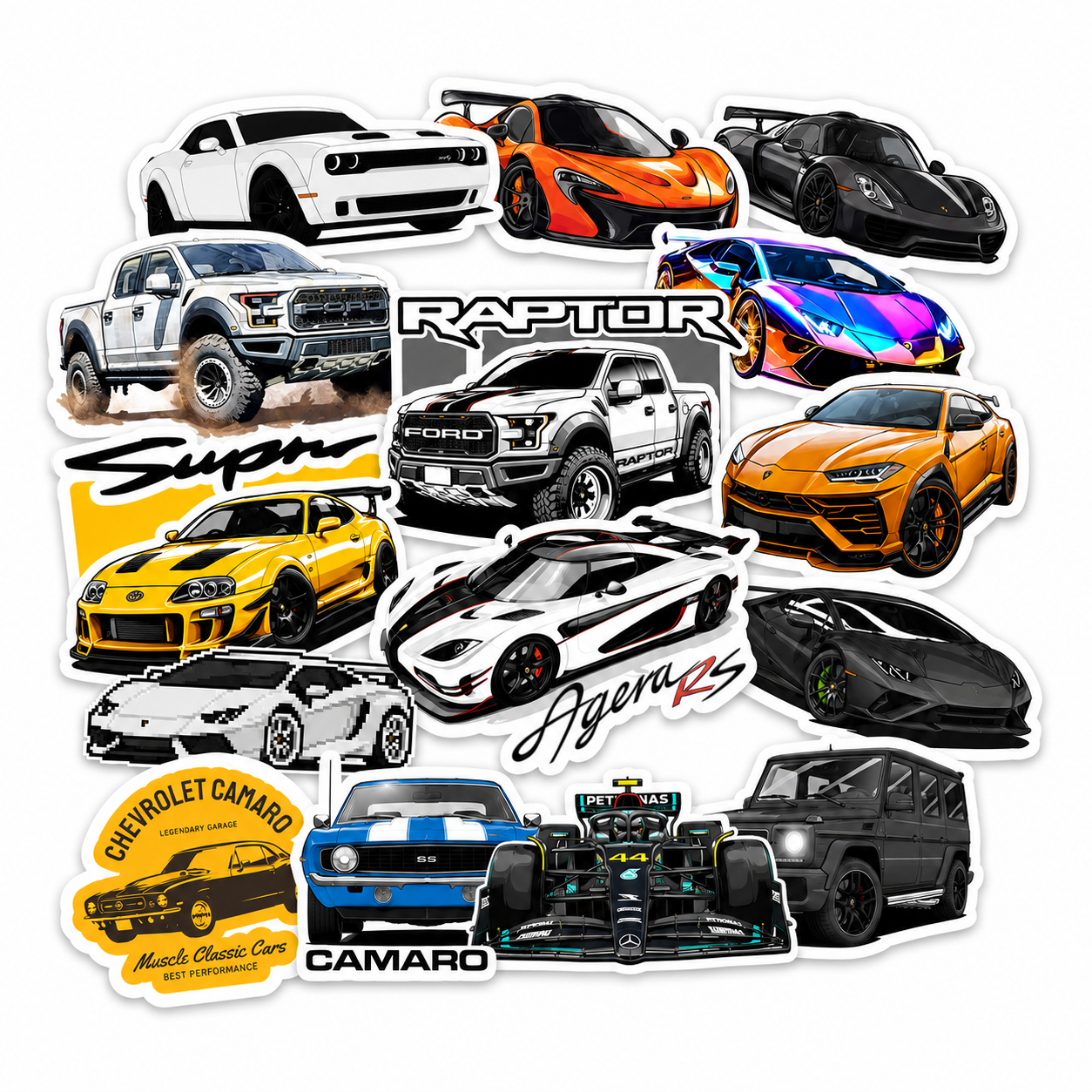 Pack 30 Stickers de Autos Deportivos, Clásicos y Todo Terreno – 5 cm aprox.