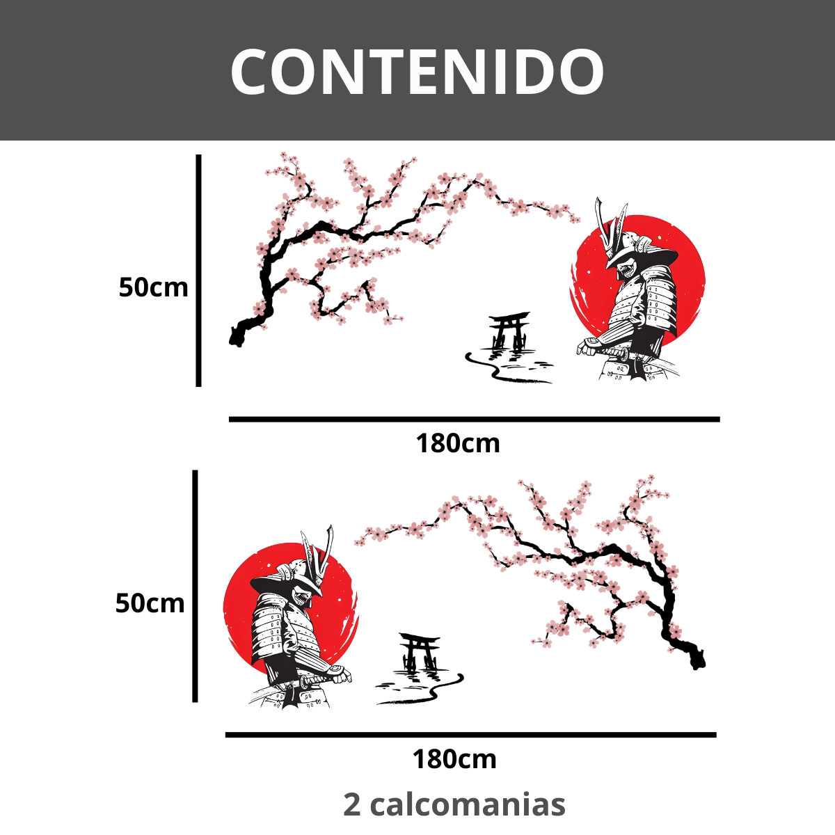 Calcomanía Estilo Japonés Samurai y Sakura 180x50 cm