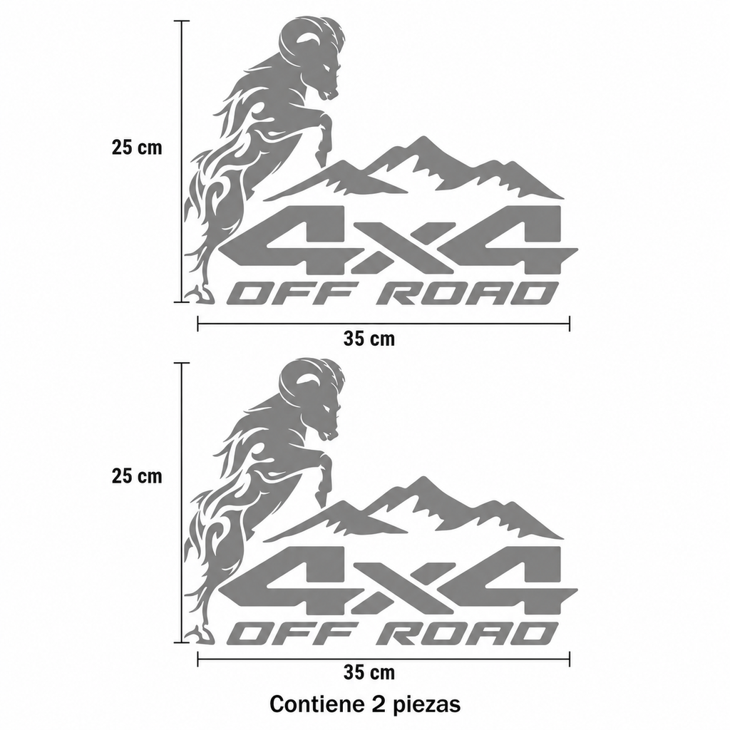 Calcomanías 4X4 OFF ROAD con Carnero y Montañas 35x25 cm – Kit 2 Piezas