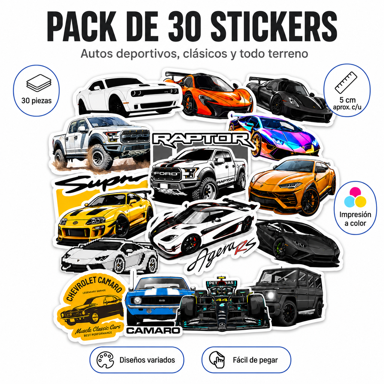 Pack 30 Stickers de Autos Deportivos, Clásicos y Todo Terreno – 5 cm aprox.